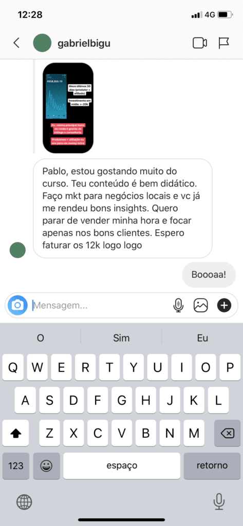 Depoimento de aluno do curso de Google Ads