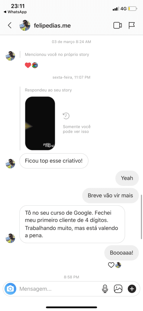 Depoimento de aluno do curso de Google Ads