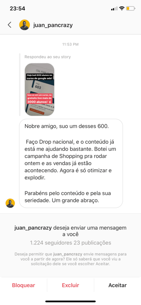 Depoimento de aluno do curso de Google Ads