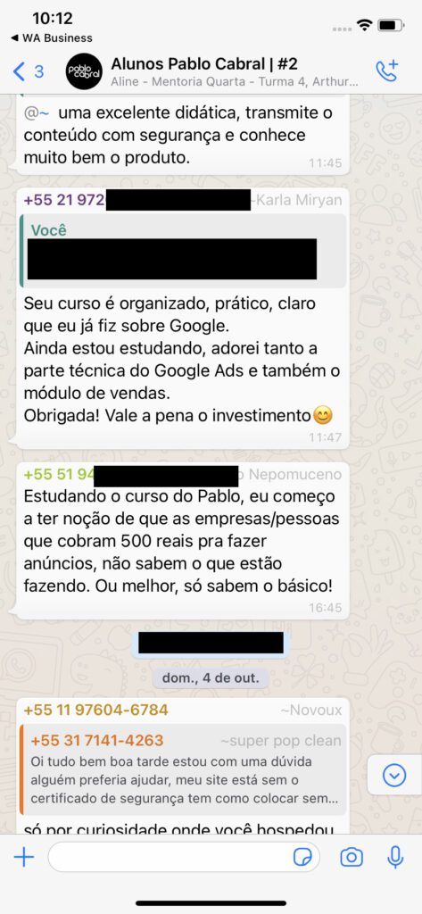 Depoimento de aluno do curso de Google Ads