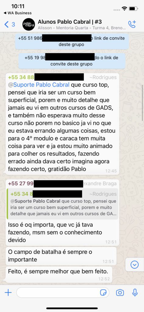 Depoimento de aluno do curso de Google Ads