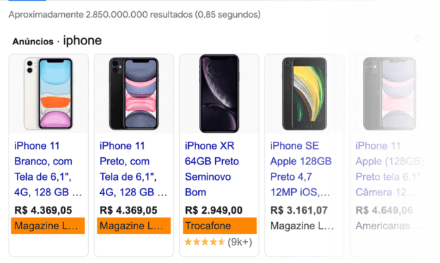 Exemplo de produtos exibidos na vitrine do Google Shopping