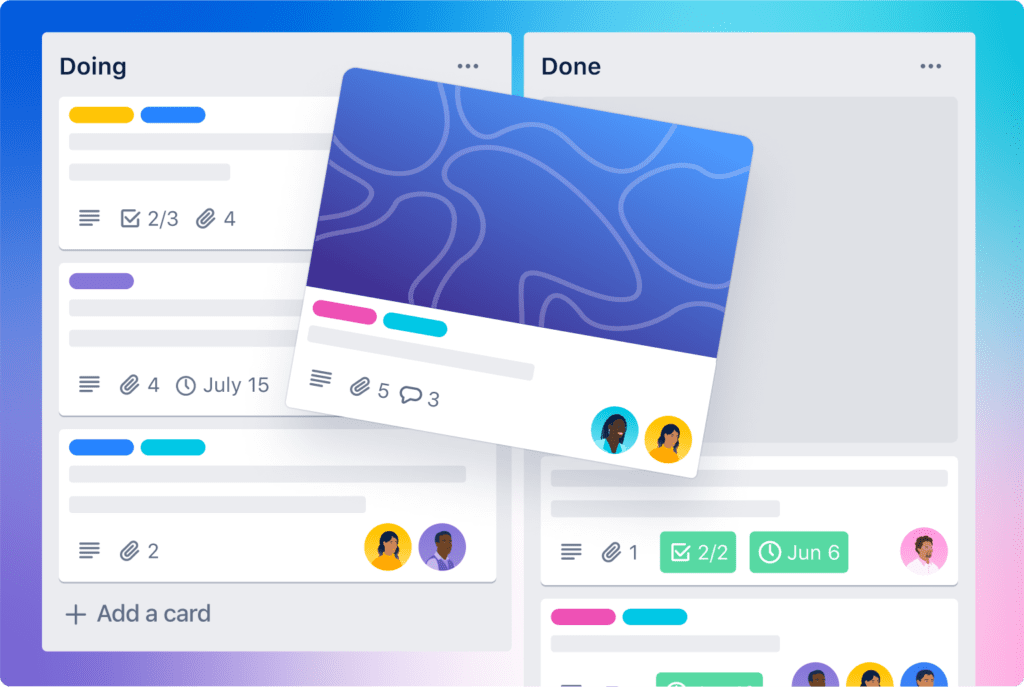 Listas e cards do Trello