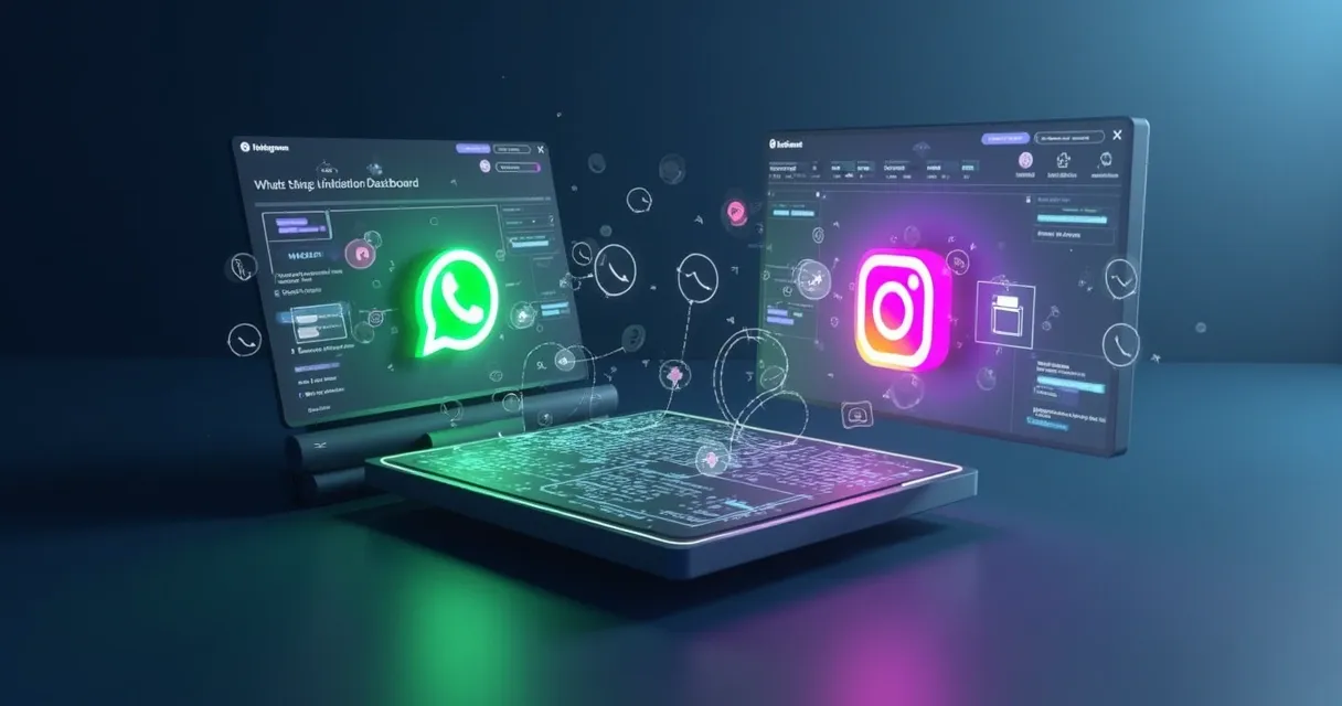 Image 5: Interface 3D de CRM unificado conectando WhatsApp e Instagram em tela digital azul