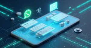 Image 4: Modelo 3D da integração entre WhatsApp e Trello mostrando telas digitais conectadas com setas e ícones tecnológicos