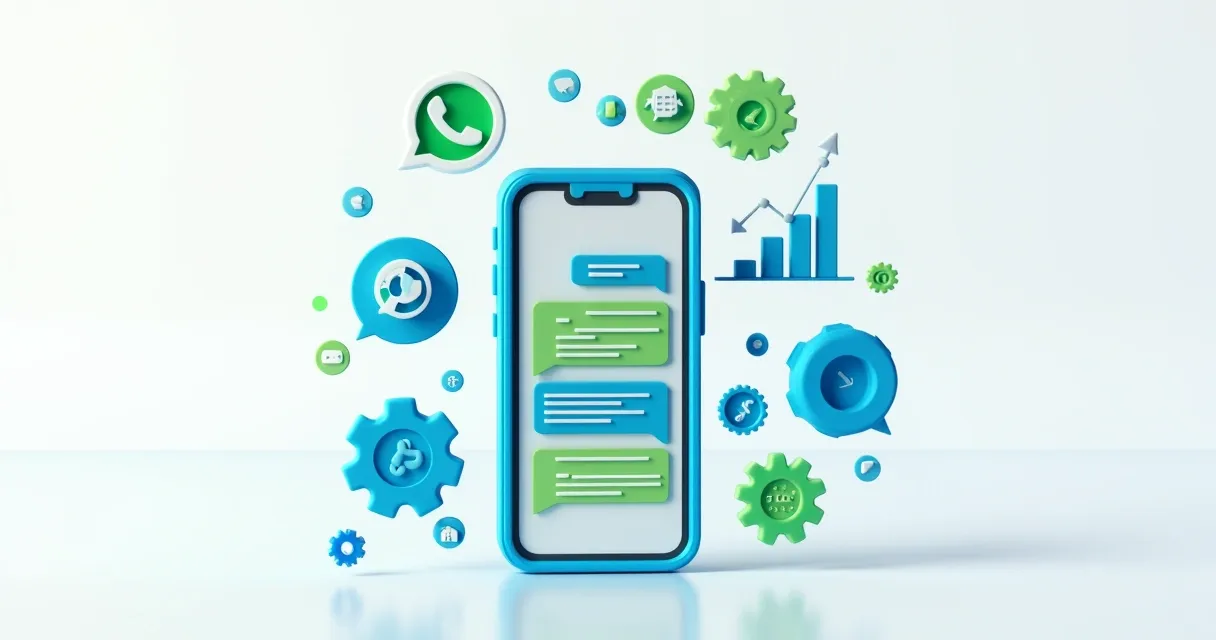 Image 7: Celular com tela do WhatsApp exibindo mensagens e elementos gráficos relacionados a vendas digitais e automações para negócios